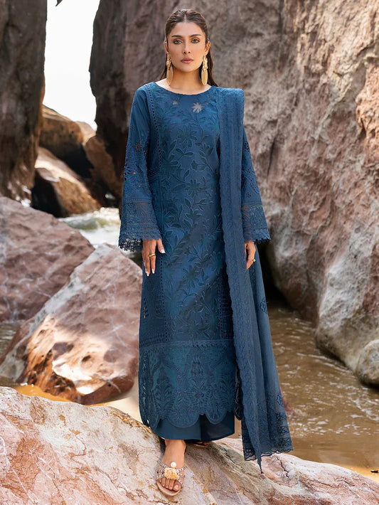 MAHNUR-3PC LAWN LASER WORK EMBROIDERED SHIRT WITH KHAADI NET EMBROIDERED DUPATTA AND TROUSER -RP-4741