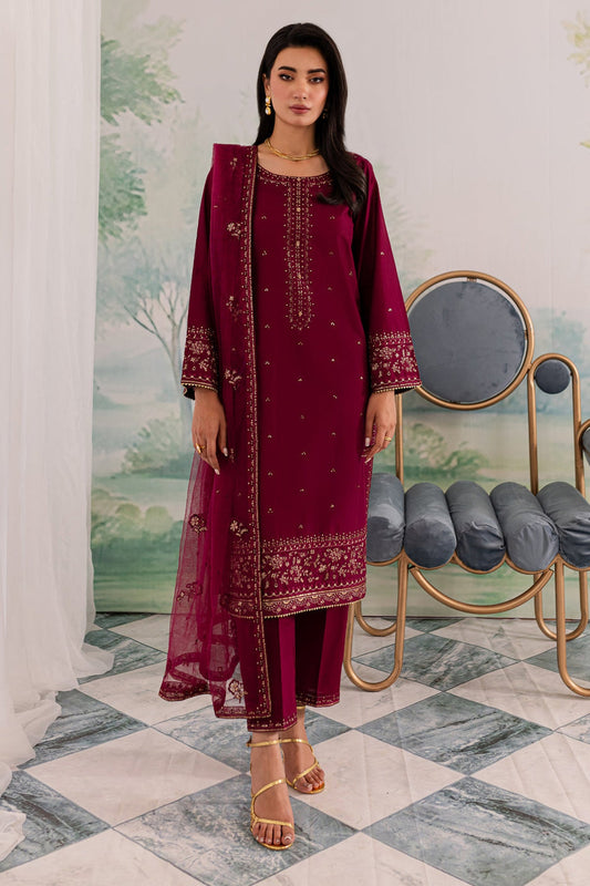 JAZMIN-3PC DHANAK EMBROIDERED SHIRT WITH CHIFFON EMBROIDERED DUPATTA AND TROUSER BIC-4198