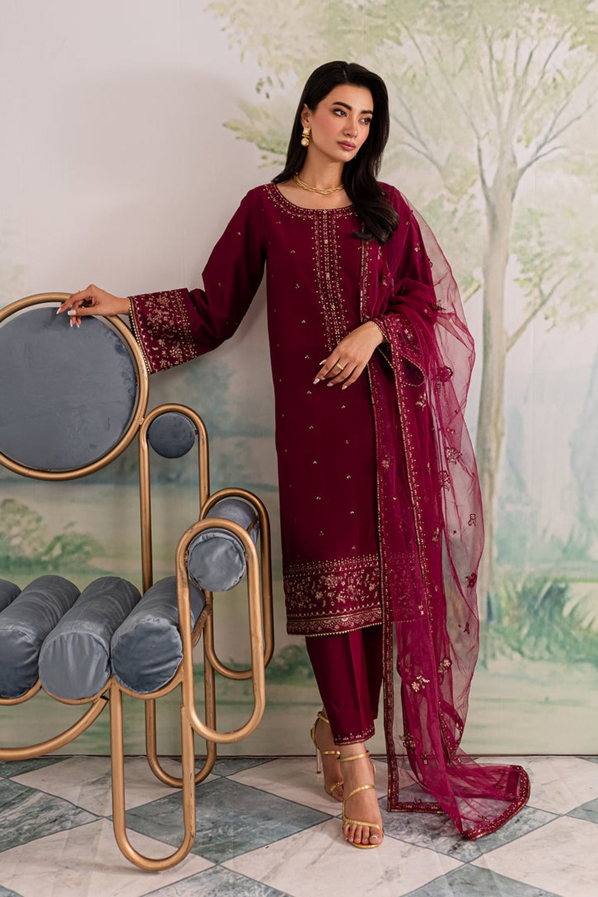 JAZMIN-3PC DHANAK EMBROIDERED SHIRT WITH CHIFFON EMBROIDERED DUPATTA AND TROUSER BIC-4198
