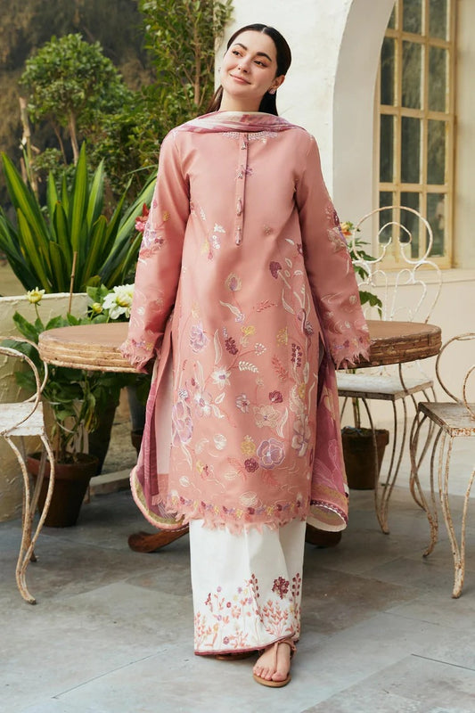 ZARA SHAH JAHAN- 3PC DHANAK EMBROIDERED SHIRT WITH COUTRAI PRINTED SHAWL & EMB TROUSER-BIC-4106
