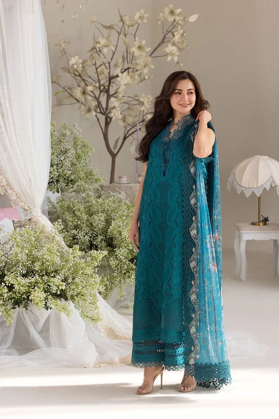 SOBIA NAZIR-3PC DHANAK CHIKAN EMBROIDERED SHIRT WITH COURTRAI PRINTED SHAWL AND TROUSER BIC-4096