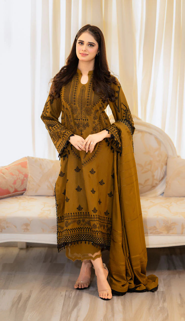 LIBAAS-3PC DHANAK EMBROIDERED SHIRT WITH DHANAK EMBROIDERED SHAWL & EMB TROUSER-BIC-4183