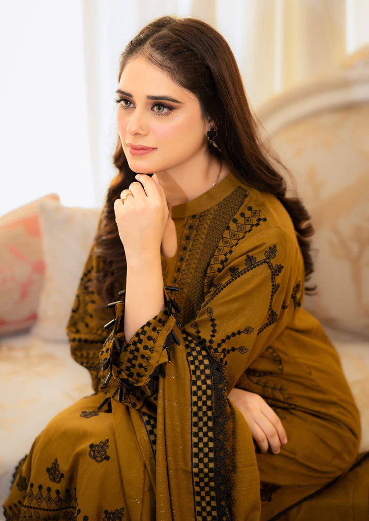 LIBAAS-3PC DHANAK EMBROIDERED SHIRT WITH DHANAK EMBROIDERED SHAWL & EMB TROUSER-BIC-4183