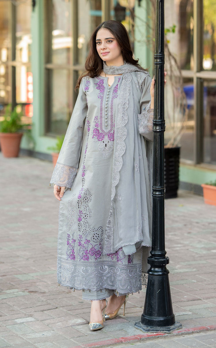 LIBAAS-3PC DHANAK EMBROIDERED SHIRT WITH CHIFFON EMBROIDERED DUPATTA AND TROUSER BIC-4069