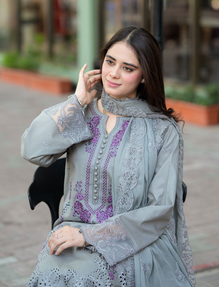 LIBAAS-3PC DHANAK EMBROIDERED SHIRT WITH CHIFFON EMBROIDERED DUPATTA AND TROUSER BIC-4069