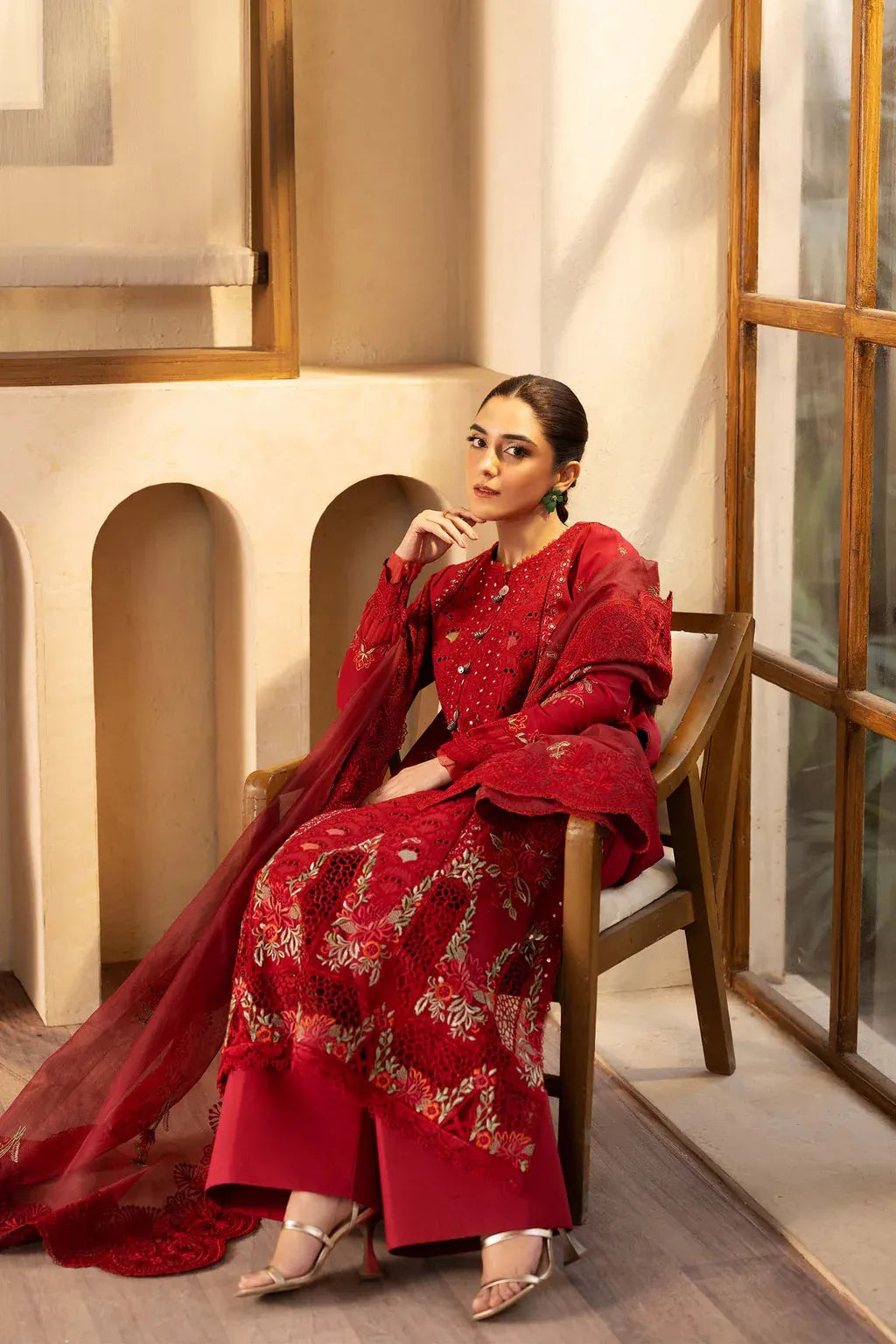 QALAMQAR-3PC LAWN EMBROIDERED SHIRT WITH KHADDI NET EMBROIDERED DUPATTA AND TROUSER-RP-4709