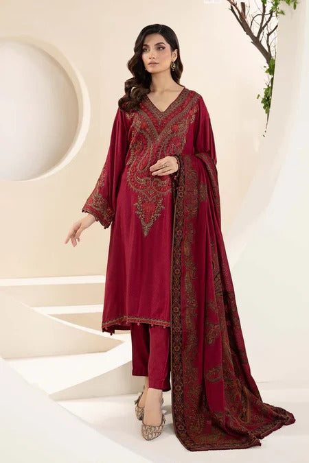 MARIA B-3PC KARANDI EMBROIDRED SHIRT WITH WOOL PRINT SHAWL AND TROUSER-BIC-3268 B