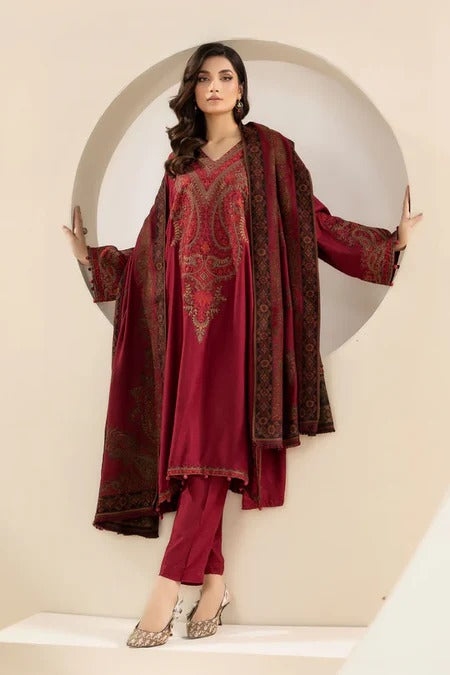 MARIA B-3PC KARANDI EMBROIDRED SHIRT WITH WOOL PRINT SHAWL AND TROUSER-BIC-3268 B