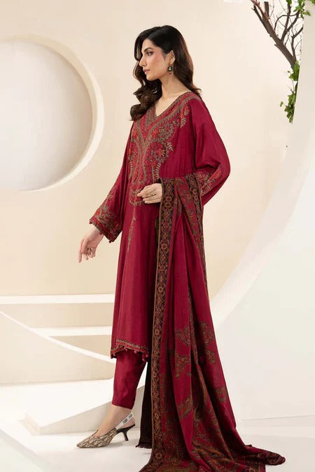 MARIA B-3PC KARANDI EMBROIDRED SHIRT WITH WOOL PRINT SHAWL AND TROUSER-BIC-3268 B