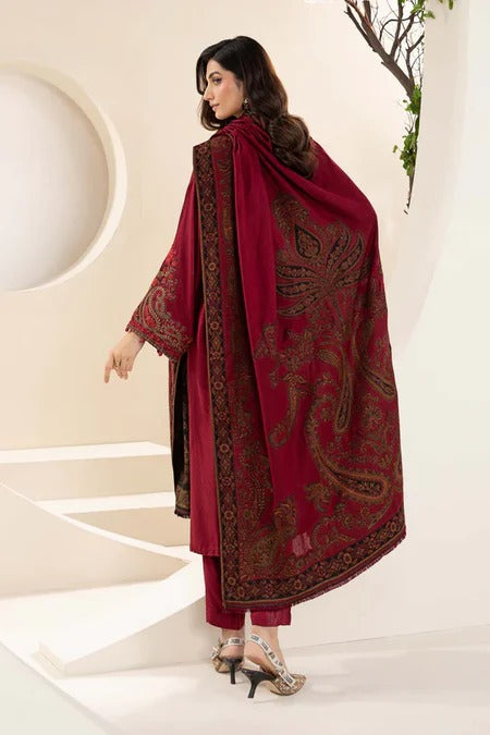 MARIA B-3PC KARANDI EMBROIDRED SHIRT WITH WOOL PRINT SHAWL AND TROUSER-BIC-3268 B