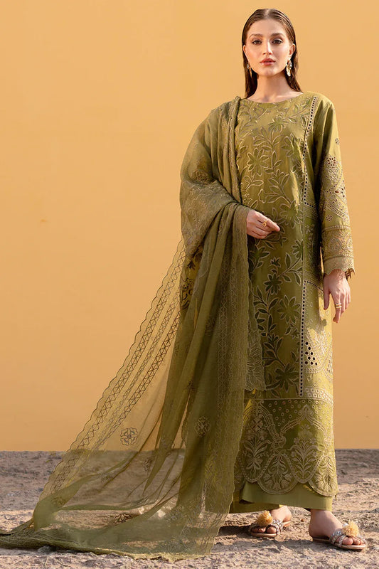MAHNUR-3PC LAWN LASER WORK EMBROIDERED SHIRT WITH KHAADI NET EMBROIDERED DUPATTA AND TROUSER -RP-4742