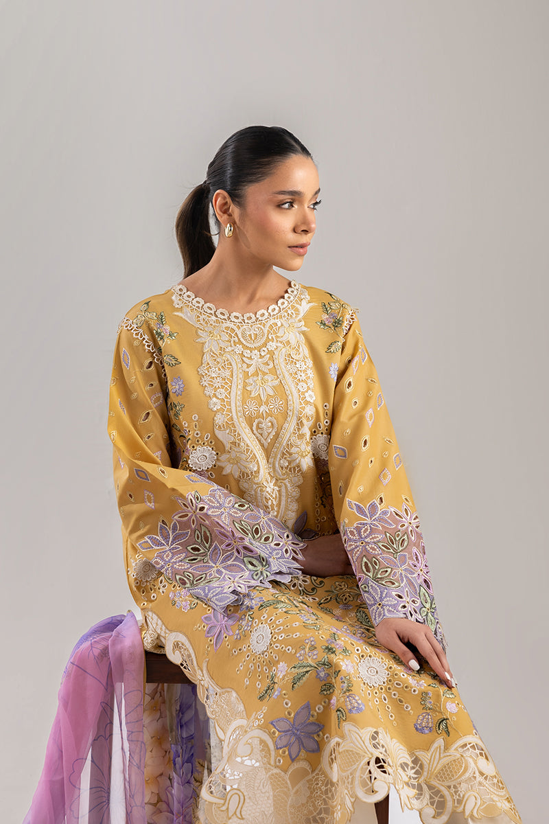 MUSHQ-3PC DHANAK CHIKAN EMBROIDERED SHIRT WITH COURTRAI PRINTED SHAWL & EMB TROUSER-BIC-4088