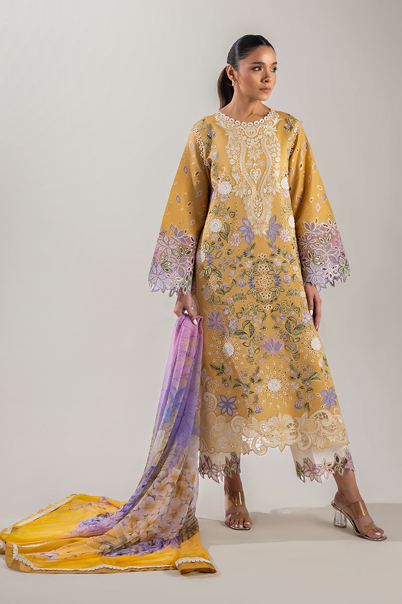 MUSHQ-3PC DHANAK CHIKAN EMBROIDERED SHIRT WITH COURTRAI PRINTED SHAWL & EMB TROUSER-BIC-4088