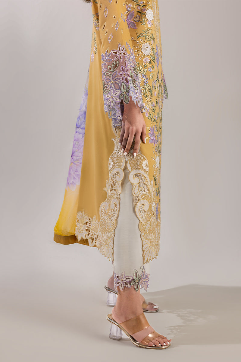 MUSHQ-3PC DHANAK CHIKAN EMBROIDERED SHIRT WITH COURTRAI PRINTED SHAWL & EMB TROUSER-BIC-4088