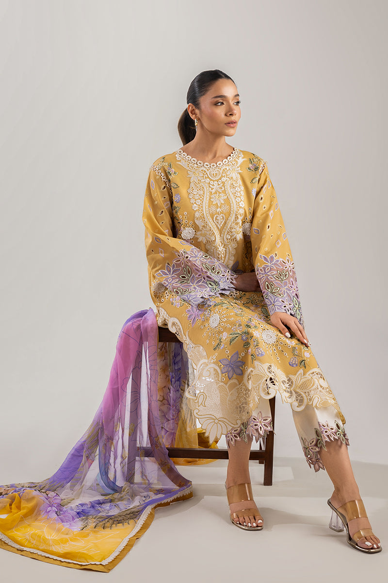 MUSHQ-3PC DHANAK CHIKAN EMBROIDERED SHIRT WITH COURTRAI PRINTED SHAWL & EMB TROUSER-BIC-4088