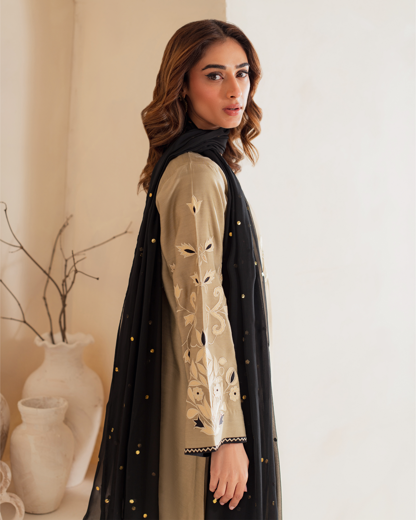 VINTAGE-3PC DHANAK EMBROIDERED SHIRT WITH KHADDI NET EMB DUPATTA AND TROUSER-BIC-4292