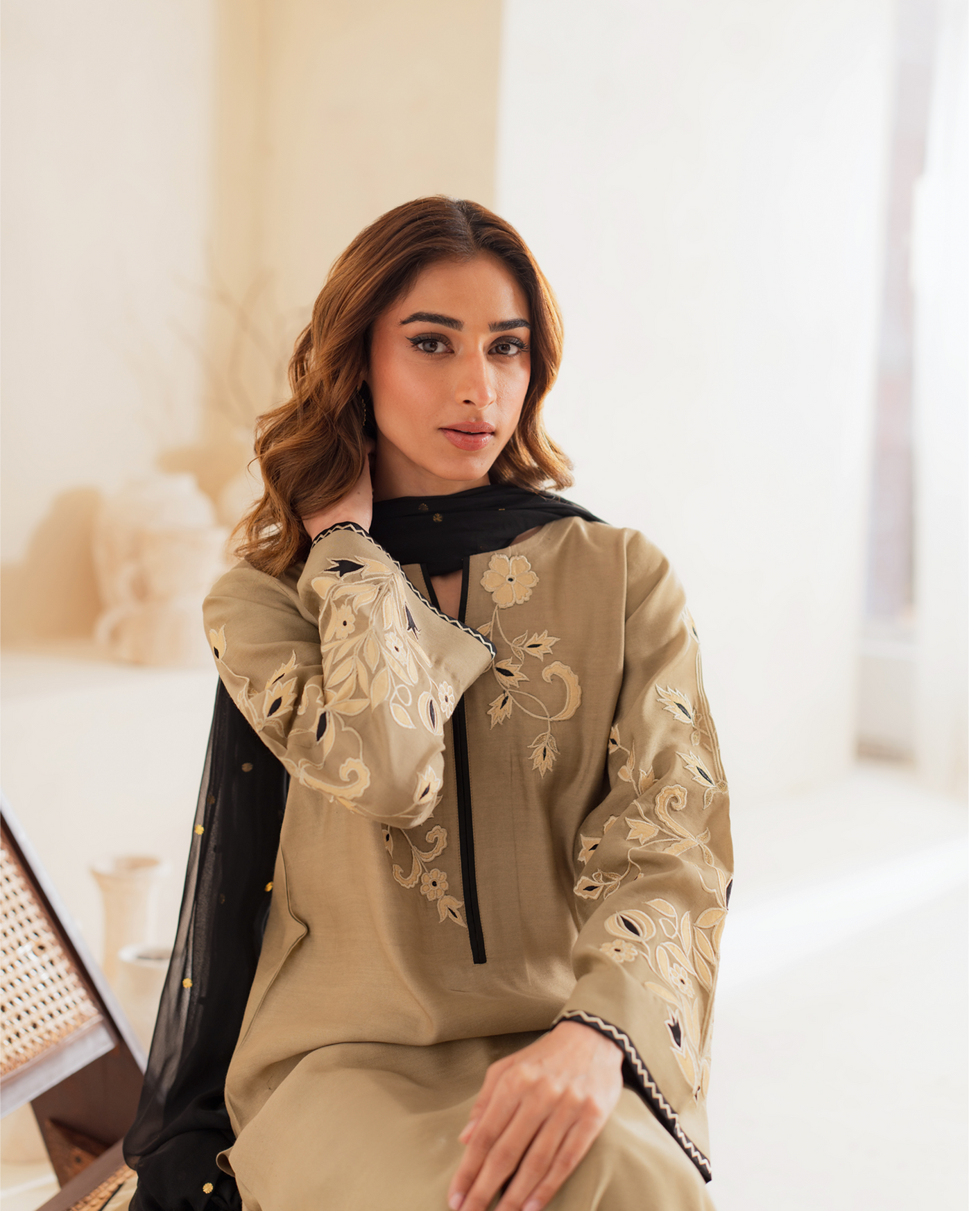 VINTAGE-3PC DHANAK EMBROIDERED SHIRT WITH KHADDI NET EMB DUPATTA AND TROUSER-BIC-4292