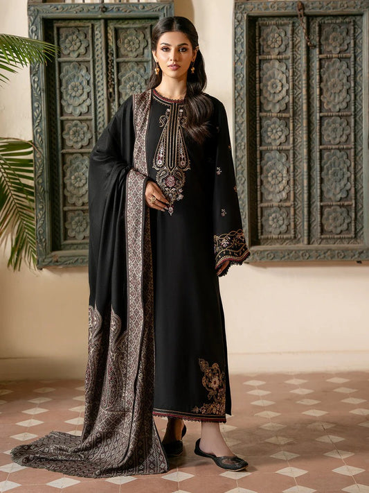 IZEL-3PC KHADDAR EMBROIDERED SHIRT WITH COURTRAI PRINTED SHAWL & TROUSER-BIC-4389