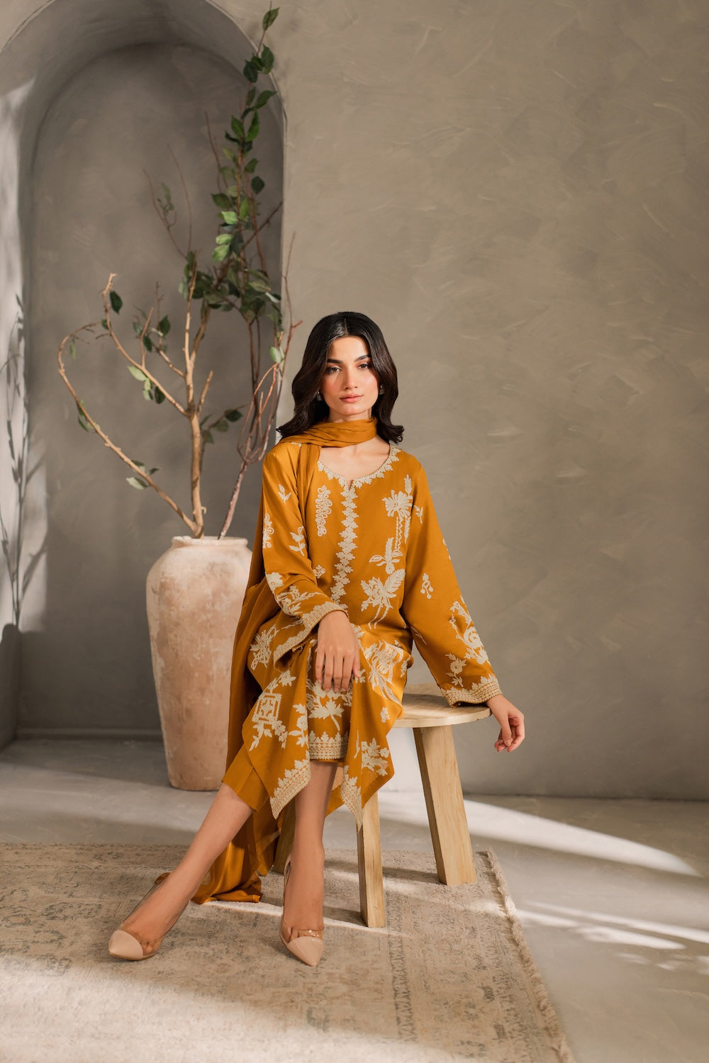 MIRANA-3PC DHANAK EMBROIDERED SHIRT WITH BAMBER CHIFFON DUPATTA AND TROUSER-BIC-4288