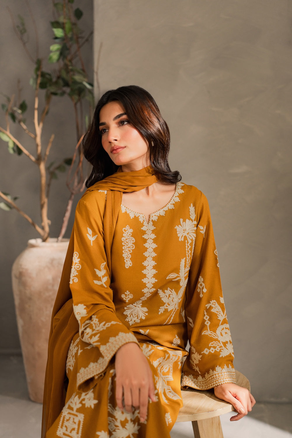MIRANA-3PC DHANAK EMBROIDERED SHIRT WITH BAMBER CHIFFON DUPATTA AND TROUSER-BIC-4288