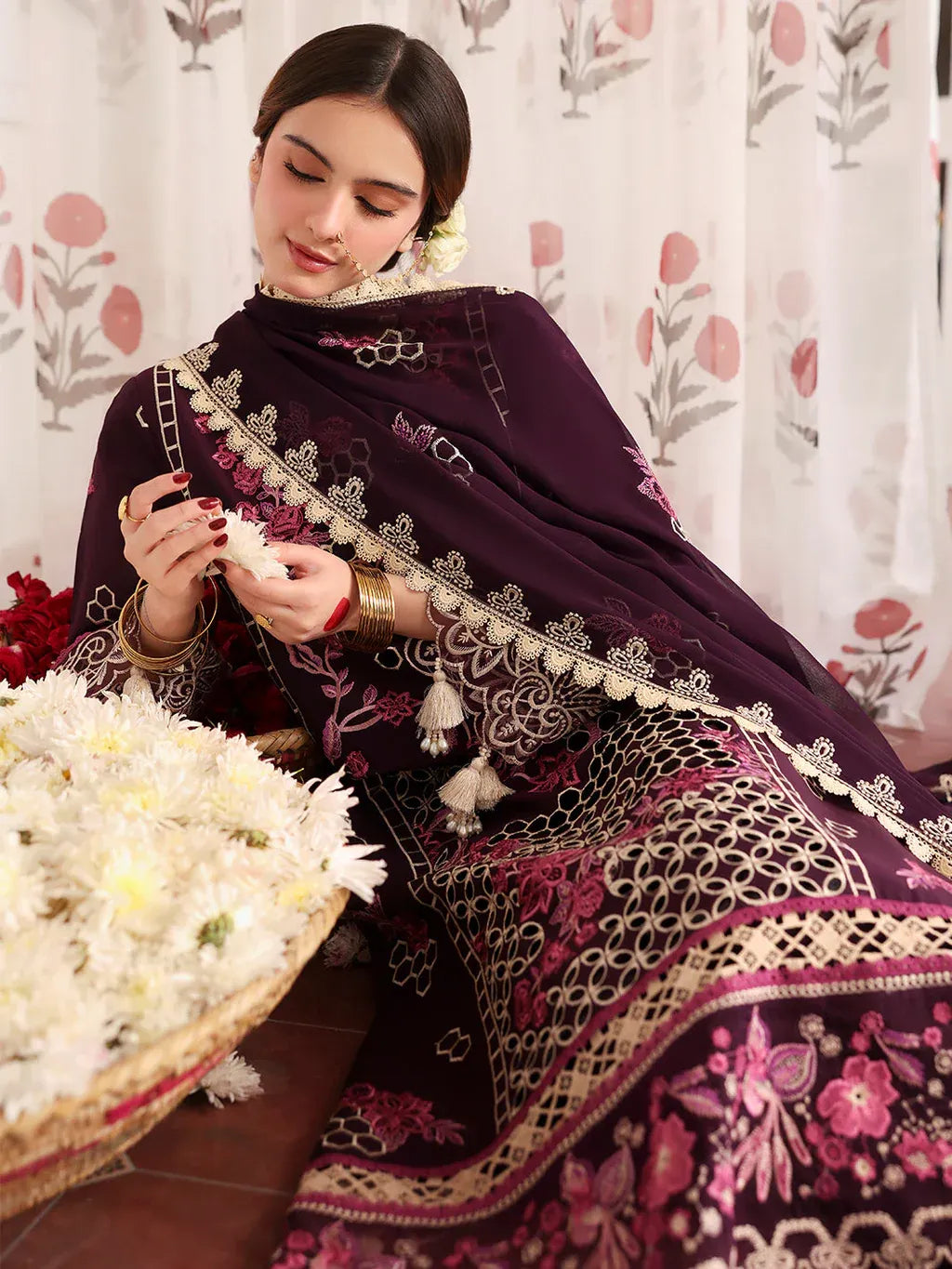 MAHNUR-3PC LAWN LASERWORK EMBROIDERED SHIRT WITH KHAADI NET EMBROIDERED DUPATTA AND TROUSER -RP-4691
