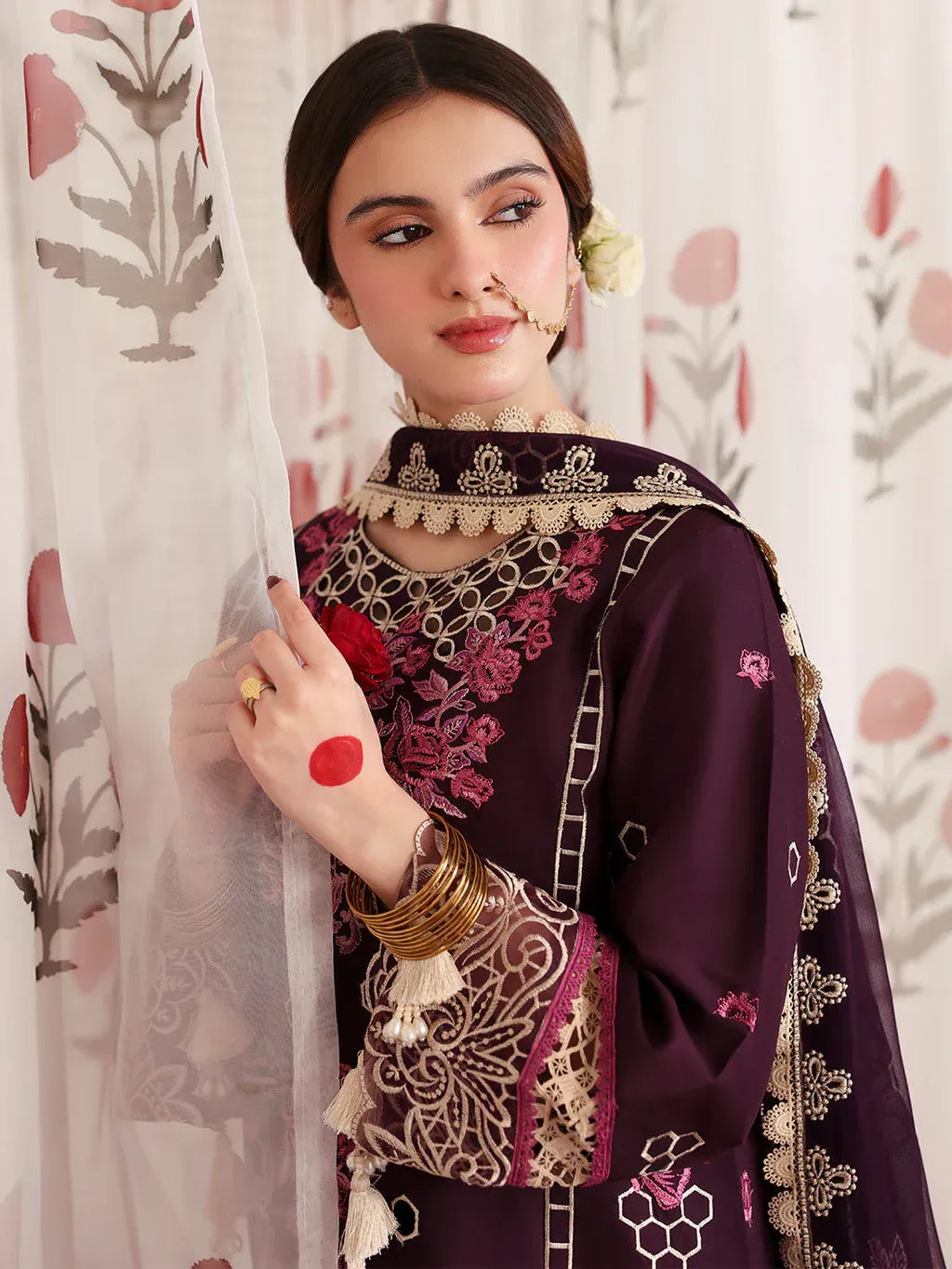 MAHNUR-3PC LAWN LASERWORK EMBROIDERED SHIRT WITH KHAADI NET EMBROIDERED DUPATTA AND TROUSER -RP-4691