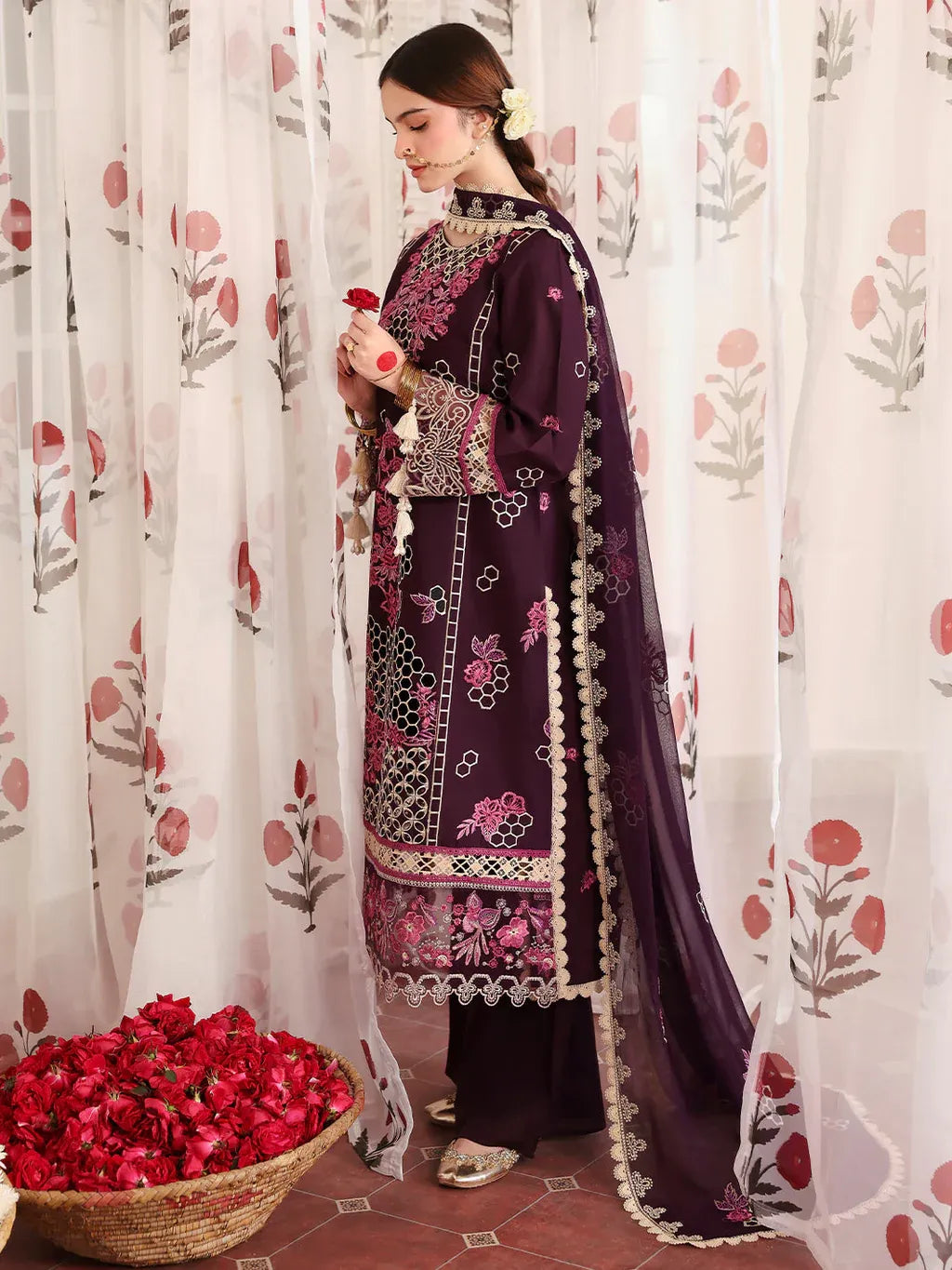 MAHNUR-3PC LAWN LASERWORK EMBROIDERED SHIRT WITH KHAADI NET EMBROIDERED DUPATTA AND TROUSER -RP-4691
