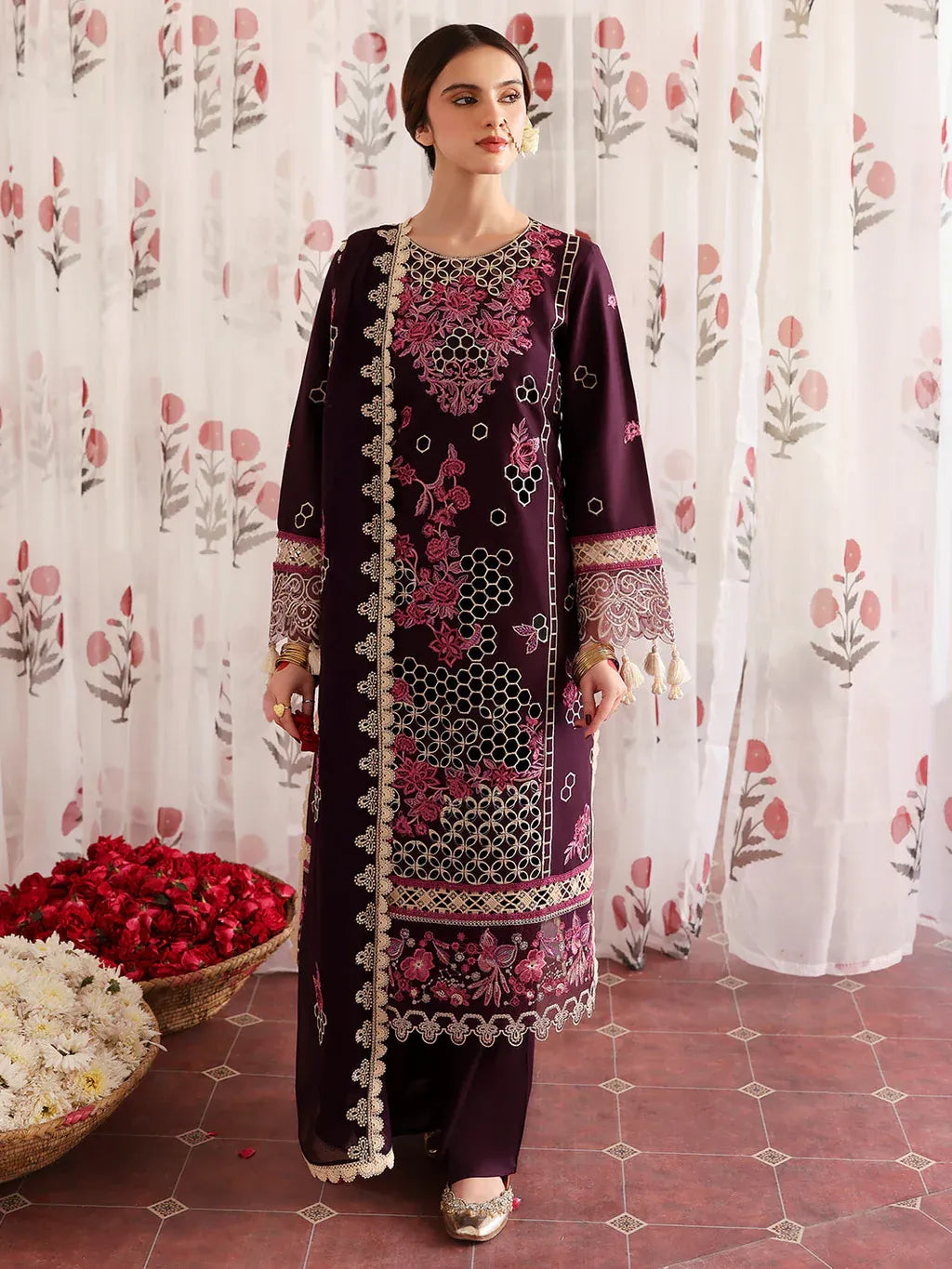 MAHNUR-3PC LAWN LASERWORK EMBROIDERED SHIRT WITH KHAADI NET EMBROIDERED DUPATTA AND TROUSER -RP-4691