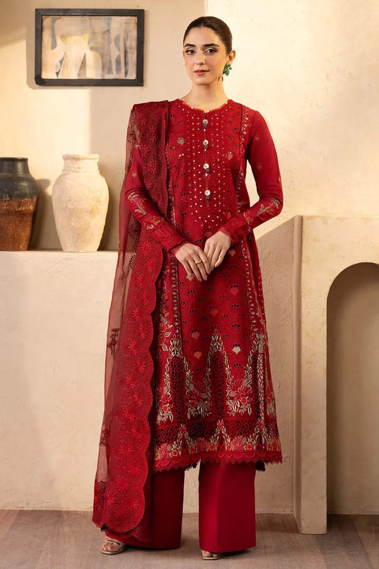 QALAMQAR-3PC LAWN EMBROIDERED SHIRT WITH KHADDI NET EMBROIDERED DUPATTA AND TROUSER-RP-4709
