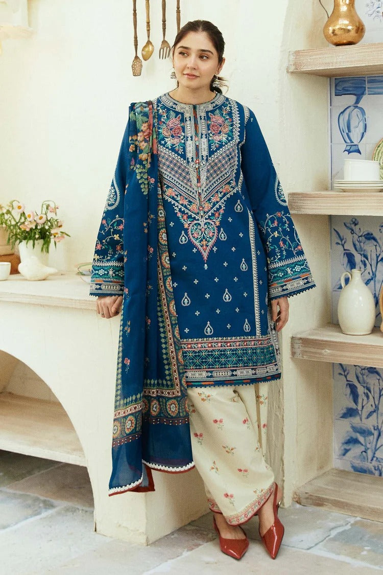 ZARASHAHJAHAN- 3PC DHANAK EMBROIDERED SHIRT WITH COUTRAI WOOL PRINT SHAWL & EMB TROUSER -BIC-4072