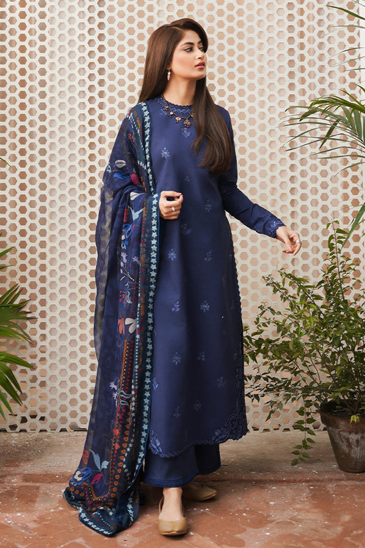 SERAN-3PC DHANAK EMBROIDERED SHIRT WITH COURTRAI WOOL PRINTED SHAWL & TROUSER-BIC-4020