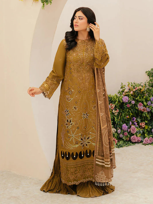 MAHNUR-3PC LAWN LASEWORK EMB SHIRT WITH CHIFFON PRINTED DUPATTA AND TROUSER -RP-4706