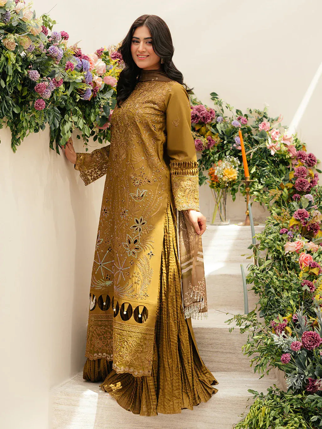 MAHNUR-3PC LAWN LASEWORK EMB SHIRT WITH CHIFFON PRINTED DUPATTA AND TROUSER -RP-4706