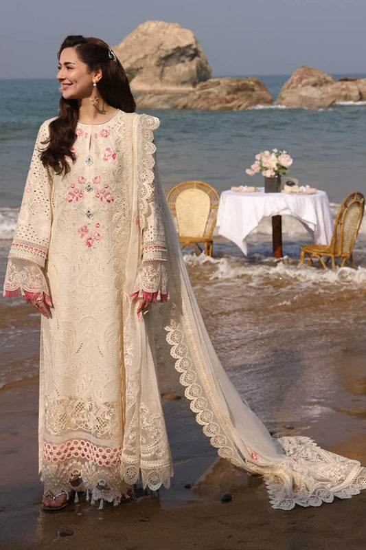 QALAMQAR-3PC LAWN CHIKANKARI EMBROIDERED SHIRT WITH KHADDI NET EMB DUPATTA AND TROUSER-RP-4663