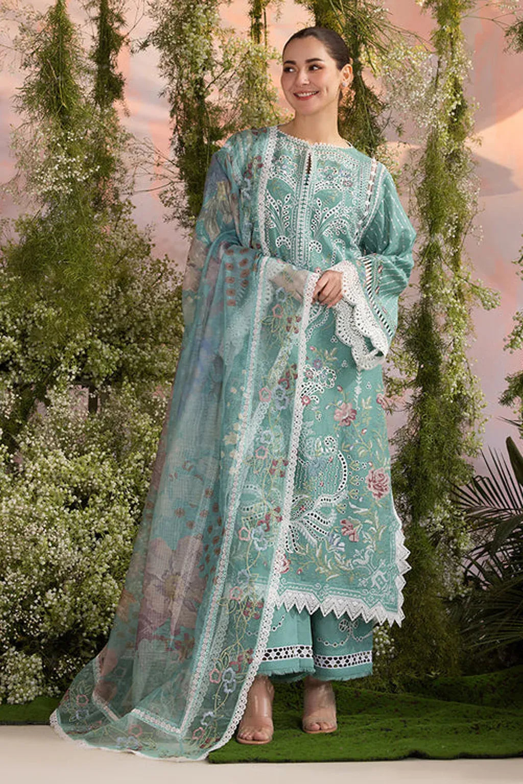 SOBIA NAZIR-3PC LAWN CHIKAN EMBROIDERED SHIRT WITH CHIFFON EMBROIDERED PRINTED DUPATTA AND EMB TROUSER -RP-4708