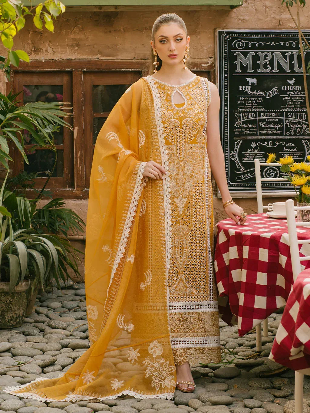 MAHNUR-3PC LAWN CHIKAANKARI EMBROIDERED SHIRT WITH KHADDI NET EMB DUPATTA AND TROUSER -RP-4704 - Rang Pasand