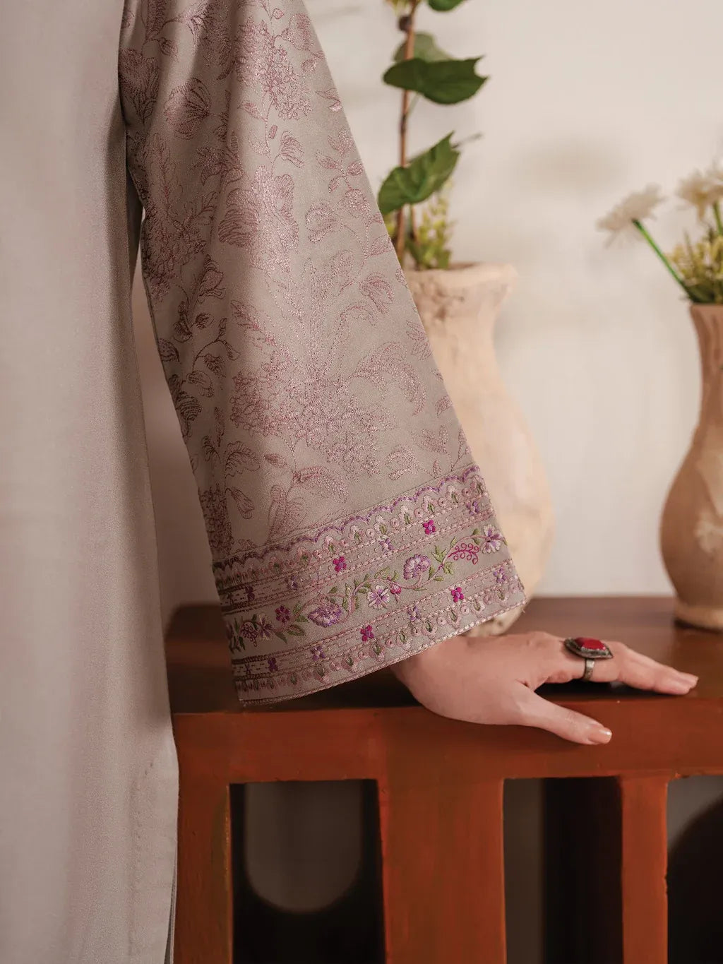 GARNET-3PC LAWN EMBROIDERED SHIRT WITH CHIFFON PRINTED DUPATTA AND EMB TROUSER-RP-4617