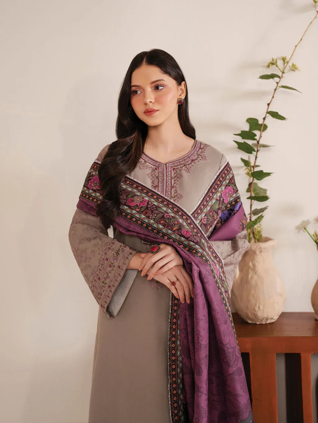 GARNET-3PC LAWN EMBROIDERED SHIRT WITH CHIFFON PRINTED DUPATTA AND EMB TROUSER-RP-4617
