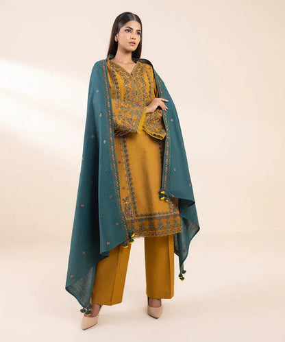 SAPPHIRE- 3PC DHANAK EMBROIDERED SHIRT WITH DHANAK EMBROIDERED SHAWL AND TROUSER-RP-3374