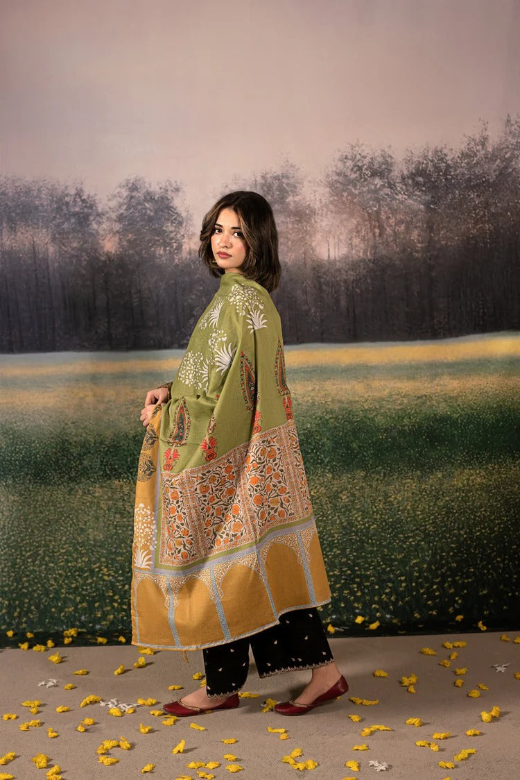 URGE-3PC DHANAK EMBROIDERED SHIRT WITH COUTRAI PRINTED SHAWL & DHANAK EMB TOUSER-4154