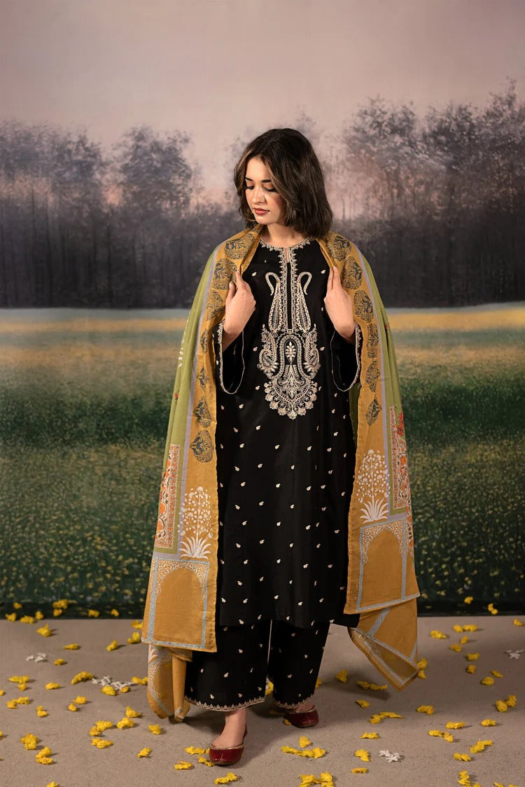 URGE-3PC DHANAK EMBROIDERED SHIRT WITH COUTRAI PRINTED SHAWL & DHANAK EMB TOUSER-4154