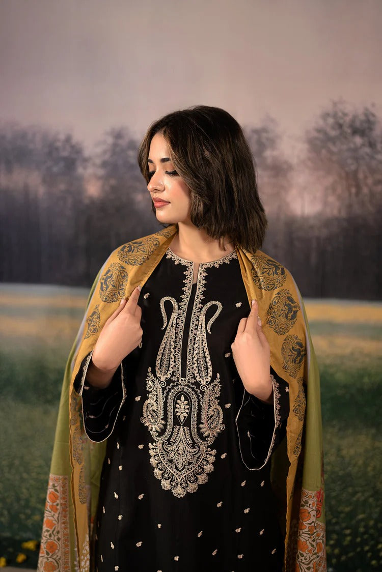 URGE-3PC DHANAK EMBROIDERED SHIRT WITH COUTRAI PRINTED SHAWL & DHANAK EMB TOUSER-4154