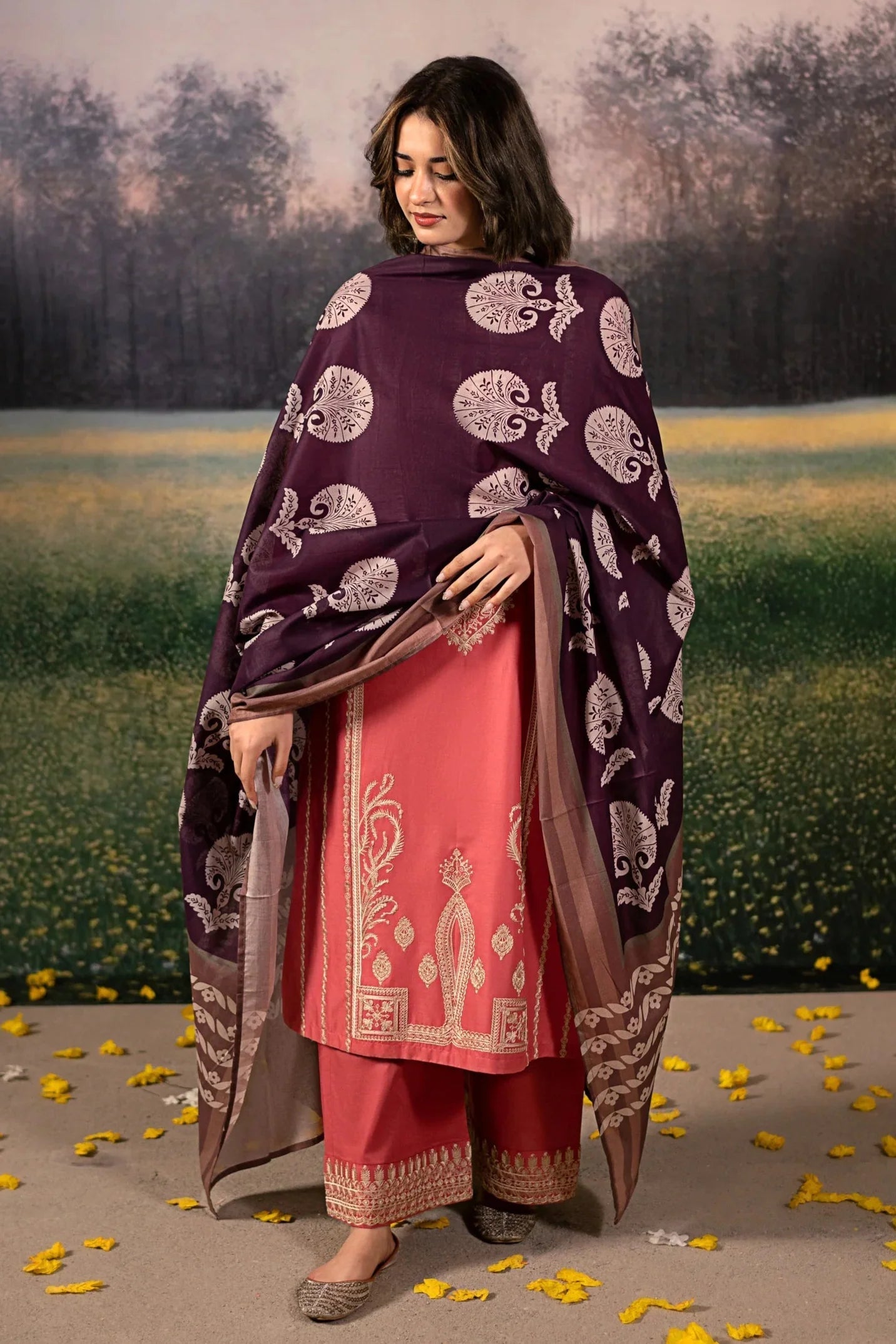 URGE-3PC DHANAK EMBROIDERED SHIRT WITH COURTRAI PRINTED SHAWL AND EMB TROUSER-BIC-4204