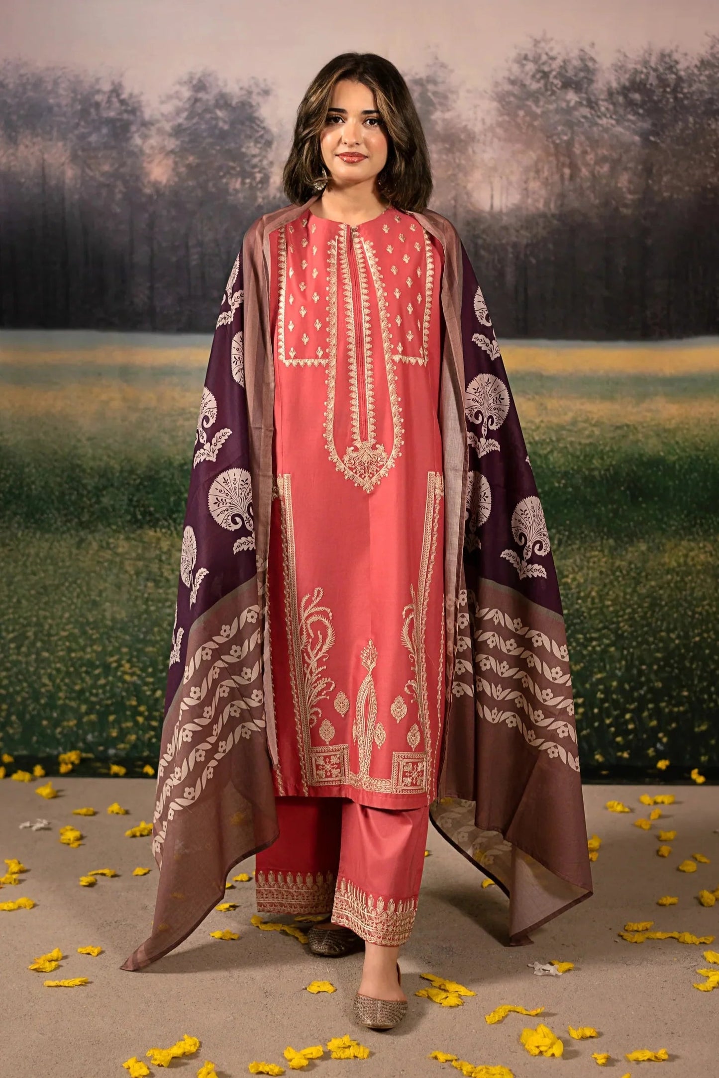 URGE-3PC DHANAK EMBROIDERED SHIRT WITH COURTRAI PRINTED SHAWL AND EMB TROUSER-BIC-4204