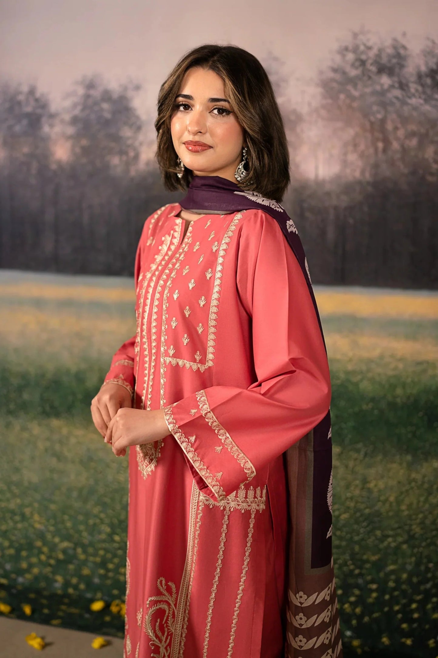 URGE-3PC DHANAK EMBROIDERED SHIRT WITH COURTRAI PRINTED SHAWL AND EMB TROUSER-BIC-4204