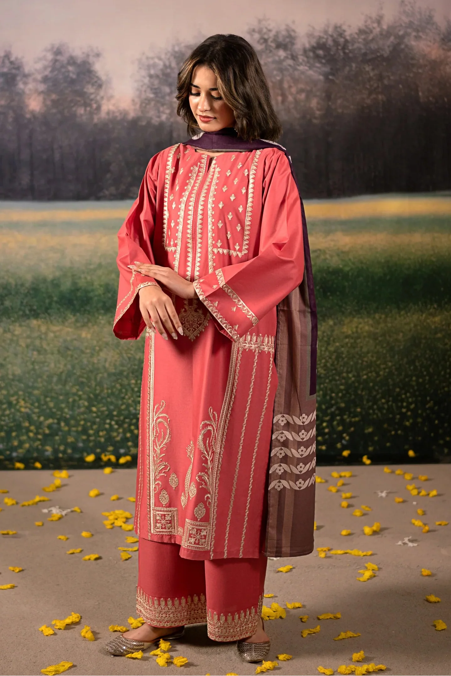 URGE-3PC DHANAK EMBROIDERED SHIRT WITH COURTRAI PRINTED SHAWL AND EMB TROUSER-BIC-4204