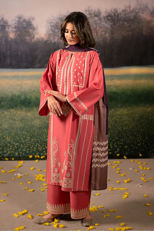 URGE-3PC DHANAK EMBROIDERED SHIRT WITH COURTRAI PRINTED SHAWL AND EMB TROUSER-BIC-4204