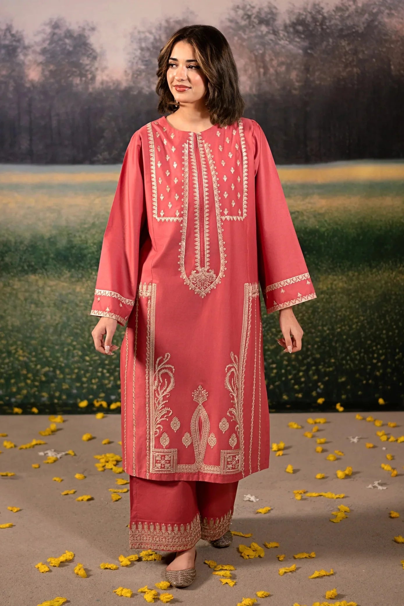 URGE-3PC DHANAK EMBROIDERED SHIRT WITH COURTRAI PRINTED SHAWL AND EMB TROUSER-BIC-4204