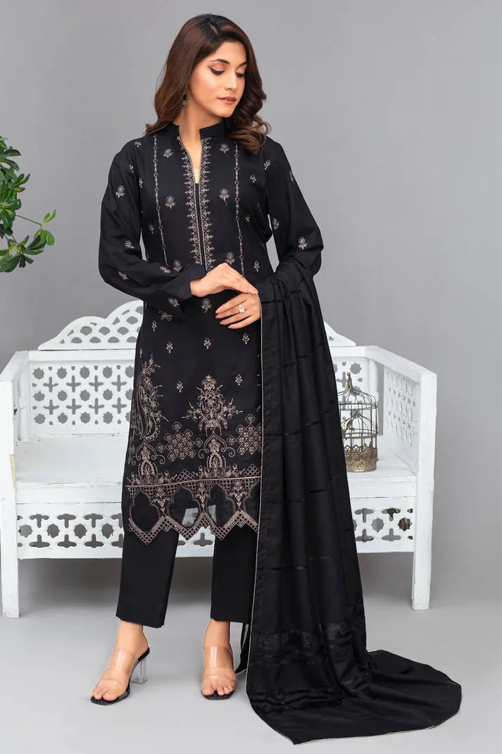 RANG PASAND-3PC Dhanak Embroidered Shirt with Velvet Dhanak Shawl and Trouser-RP-2678- BLACK