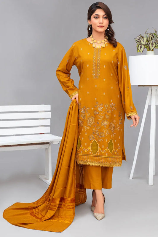 Rang Pasand-3PC Dhanak Embroidered Shirt with Velvet Dhanak Shawl and Trouser-RP-2678- YELLOW